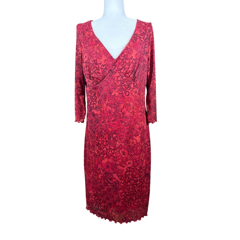 Believe Dress Womens 16 1439690 Red Floral Mesh V-Neck 3/4 Sleeve Midi